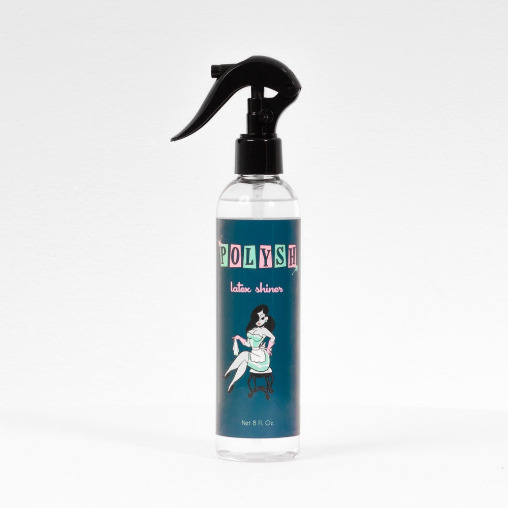
                  
                    This is a picture of an 8 oz plastic bottle of Polysh Latex Shiner with an attached spray nozzle.
                  
                