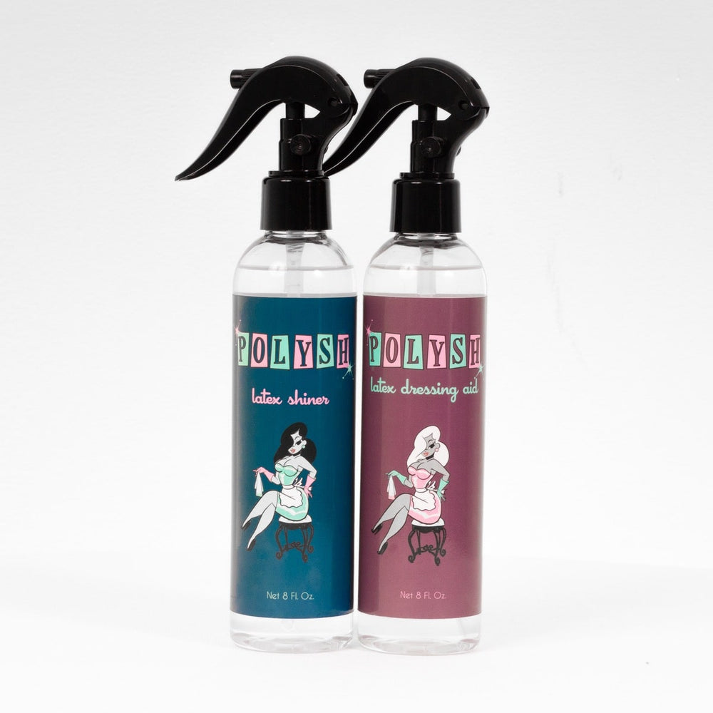 
                  
                    This is a picture of two 8 oz plastic bottles of Polysh Latex Shiner and Latex Dressing Aid with black spray head nozzles attached to the tops.
                  
                